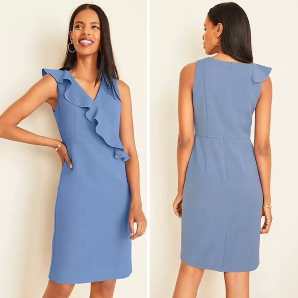 New! Ann Taylor blue Ruffle Doubleweave Sheath Dress,‎ size 6